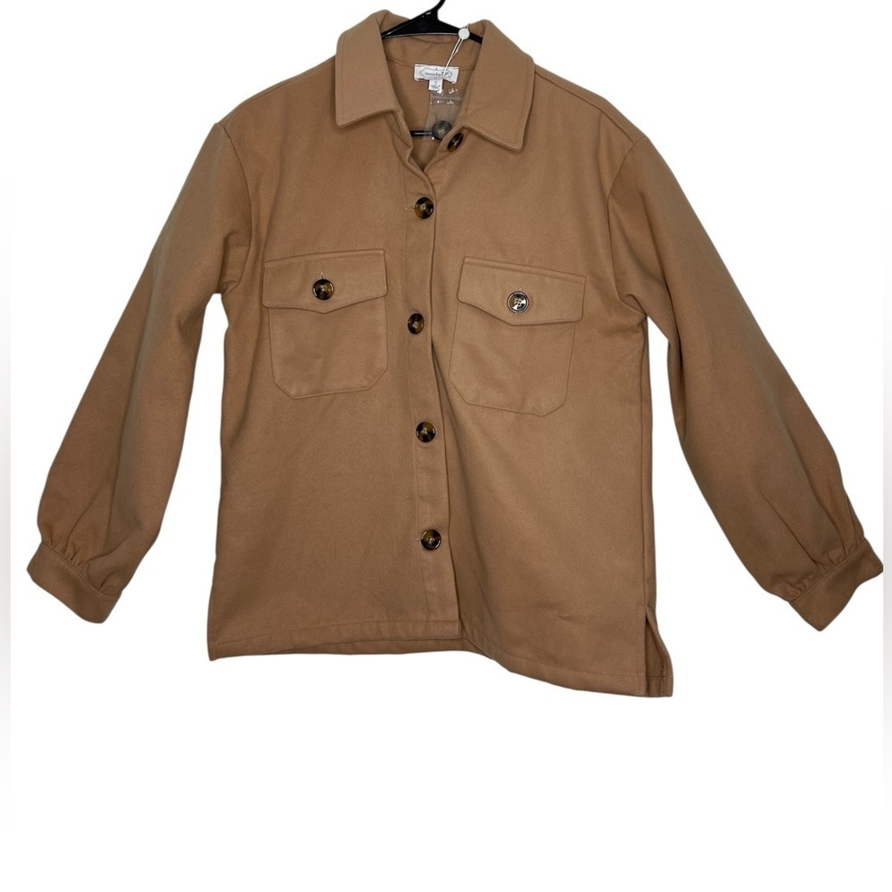 NWT Mudpie Tan Felt Shacket Button Down Oversized Relaxed Cozy Winter Size Small - Picture 2 of 12